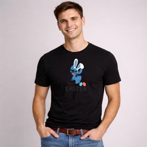 Tricou Paste Stitch Happy Easter Iepuras Oua Colorate Text, din bumbac 100%, tricou negru, Copii | Dama | Barbat - Img 3