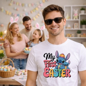 Tricou Paste Stitch My First Easter Iepuras Oua Colorate, din bumbac 100%, tricou alb, Copii | Dama | Barbat - Img 7