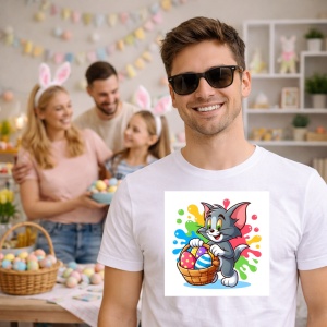 Tricou Paste Tom Cat Paste Cos Oua Colorate, din bumbac 100%, tricou alb, Copii | Dama | Barbat - Img 7