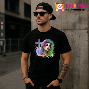 Tricou Pastel cross girl intense look, fata cu cruce pastel si privire intensa, Copii | Dama | Barbat , tricou negru - Img 11