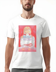 Tricou alb cu un design horror reprezentând o păpușă înfricoșătoare îmbrăcată în rochie întunecată, pe un fundal roșu intens cu figuri sinistre în spate.
