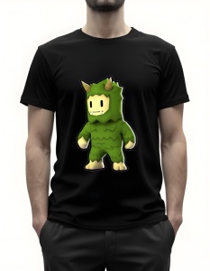 Bărbat purtând un tricou negru cu un design grafic reprezentând un monstru simpatic, îmbrăcat într-un costum verde cu coarne și colți, având o expresie prietenoasă.