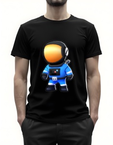 Bărbat purtând un tricou negru cu un design grafic reprezentând un astronaut simpatic, îmbrăcat într-un costum spațial albastru cu cască neagră și vizor portocaliu strălucitor.