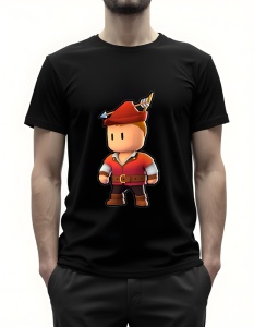 Bărbat purtând un tricou negru cu un design grafic reprezentând un personaj stilizat de arcaș medieval, purtând o pălărie roșie cu o pană, o cămașă roșie cu centură și cizme maro.