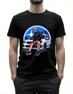 Bărbat purtând un tricou negru cu un design grafic reprezentând un tânăr așezat pe capota unei mașini Subaru albă, purtând ochelari de soare și o ținută casual, cu logo-ul Subaru afișat pe fundal într-un cerc albastru.
