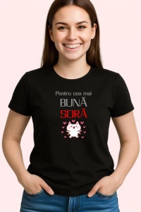 Tricou Pentru Cea Mai Buna Sora V2 Ilustratie Pisica, din bumbac 100%, tricou negru Dama - Img 2