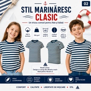 Tricou pentru Copii Marinăresc | Dungi Alb-Albastru - 805 - Img 9