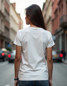 Spatele unei femei care poartă un tricou alb, fotografiată pe o stradă urbană, cu clădiri și mașini în fundalul estompat.
