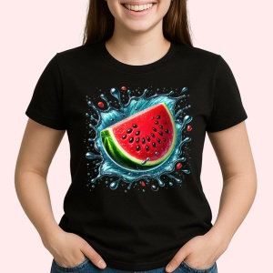 Tricou Pepene rosu si stropi de vara, Fructe, Copii | Dama, culoare negru - Img 2