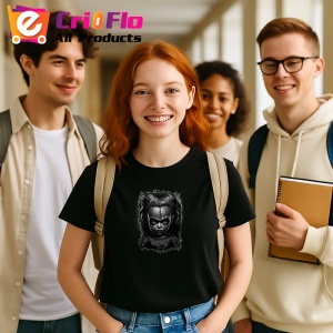 Tricou Personaj horror stil caricatura alb negru expresie intensa Copii | Dama | Barbat, culoare negru - Img 8