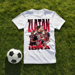 Tricou alb cu un design dedicat lui Zlatan Ibrahimović, incluzând imagini ale fotbalistului și textul 'Zlatan Ibra', așezat pe iarbă alături de o minge de fotbal.