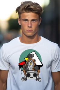 Tânăr purtând un tricou alb cu un design grafic ce înfățișează un personaj de desene animate cu păr afro și ochelari, așezat pe un casetofon portabil, cu un fundal în culori geometrice roșu, galben, verde și negru.