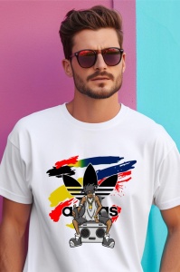 Bărbat cu ochelari de soare, purtând un tricou alb cu un design artistic, care include un logo Adidas și o imagine stilizată cu o persoană stând pe o ladă de difuzor, în fața unui perete colorat.