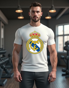 Bărbat purtând un tricou alb cu sigla echipei de fotbal Real Madrid pe piept, în sala de sport. Sigla include literele 'M' și 'C' suprapuse, încadrate de o coroană deasupra, în culorile albastru, galben și alb.