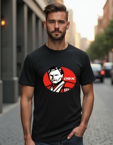 Bărbat purtând un tricou negru cu un design stilizat reprezentând un portret al lui Obi-Wan Kenobi din Star Wars într-un cerc roșu, cu inițialele 'OWK' alături.