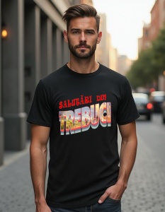 Bărbat purtând un tricou negru cu inscripția 'Salutări din Trebuci' în stil de carte poștală.
