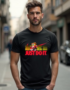 Bărbat purtând un tricou negru cu un design inspirat de Nike. Logo-ul "NIKE" este prezentat într-un stil personalizat, cu litere mari în culori contrastante, iar deasupra literei "I" este poziționat un personaj animat cunoscut(SpongeBob), adăugând o notă 