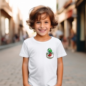 Tricou personalizat pentru copii din bumbac 100% cu imprimeu de buzunar - Yoshi, dinozaurul verde - Tricou pentru fanii Mario - Img 2
