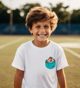 Tricou personalizat pentru copii din bumbac 100% cu imprimeu de buzunar - Taz, diavolul tasmanian din Looney Tunes - Cadou amuzant pentru fanii desenelor animate - Img 2