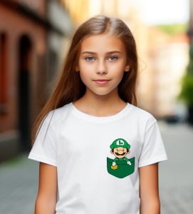 Tricou personalizat pentru copii din bumbac 100% cu imprimeu de buzunar - Luigi, fratele lui Mario - Tricou pentru micii gameri