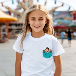 Tricou personalizat pentru copii din bumbac 100% cu imprimeu de buzunar - Taz, diavolul tasmanian din Looney Tunes - Cadou amuzant pentru fanii desenelor animate