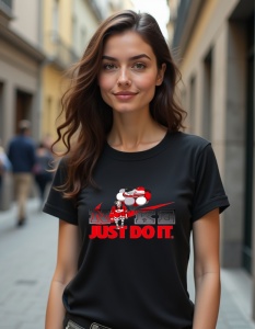 Tricou negru purtat de o femeie, cu un design care combină un logo stilizat 'Nike' și sloganul 'Just Do It', în culori roșii și gri, având un personaj animat care interacționează cu logo-ul.