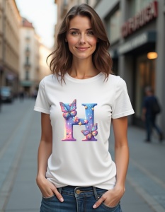 Tricou personalizat pentru dama din bumbac 100% - Butterfly - Litera H