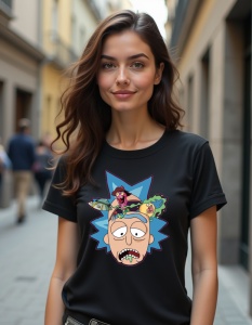 Femeie purtând un tricou negru cu un design de personaj animat cu păr albastru și o expresie surprinsă, înconjurat de elemente colorate și detalii haioase