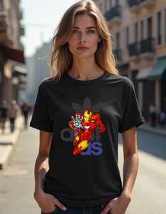 Femeie purtând un tricou negru cu un design de personaj supererou roșu și galben, suprapus peste un logo Adidas stilizat