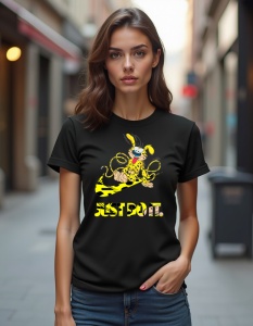 Femeie purtând un tricou negru cu un design de personaj animat galben cu urechi lungi și coadă ondulată, suprapus peste un logo stilizat și textul 'Just Do It'