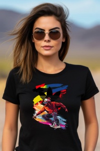 Femeie purtând ochelari de soare și un tricou negru cu un design de skater colorat în fața unui logo stilizat Adidas, cu elemente grafice abstracte și vibrante