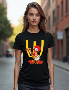 Femeie purtând un tricou negru cu un design personalizat, având un personaj animat în culori roșii și galbene și un simbol stilizat în fundal