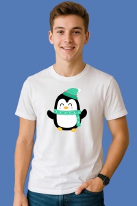 Tricou Pinguin Cu Caciula Si Fular Verde, din bumbac 100%, tricou alb, Copii | Dama | Barbat - Img 1