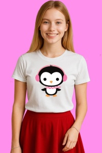 Tricou Pinguin Cu Casti Roz, din bumbac 100%, tricou alb, Copii | Dama | Barbat - Img 2