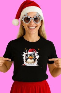 Tricou Pinguin Cu Fundal Alb Si Zambet Mare Craciun, din bumbac 100% Copii | Dama | Barbat - Img 3