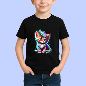 Tricou Pisica alba albastra cu detalii curcubeu si fundita Copii | Dama | Barbat, culoare negru - Img 4