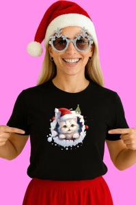 Tricou Pisica Alba Cu Caciula Mosului Craciun, din bumbac 100% Copii | Dama | Barbat