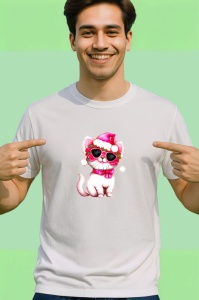 Tricou Pisica alba cu caciula si soseta rosie fundal alb Copii | Dama | Barbat - Img 2