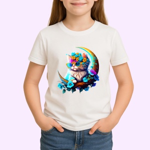 Tricou Pisica alba cu flori albastre si ochelari fundal alb Copii | Dama | Barbat - Img 4