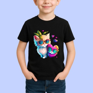Tricou Pisica alba cu flori galbene si fundal curat Copii | Dama | Barbat, culoare negru - Img 4