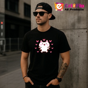 Tricou Pisica Alba Fericita Inimioare, din bumbac 100%, tricou negru, Dama | Barbat - Img 4