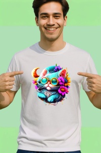 Tricou Pisica alba pe luna cu flori albastre fundal deschis Copii | Dama | Barbat - Img 2