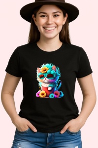 Tricou Pisica albastra cu inima si flori galbene Copii | Dama | Barbat, culoare negru - Img 3