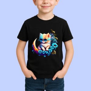 Tricou Pisica albastra pe luna cu flori fundal alb Copii | Dama | Barbat, culoare negru - Img 3