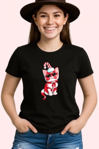 Tricou Pisica baston alb rosu si fundita uriasa Copii | Dama | Barbat, culoare negru - Img 3