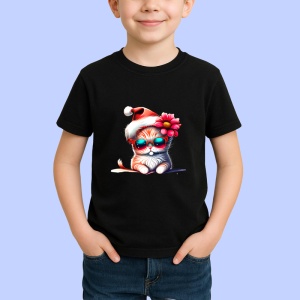 Tricou Pisica Craciun cu floare rosie si caciula fundal negru Copii | Dama | Barbat, culoare negru - Img 4