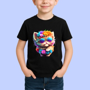 Tricou Pisica cu blana galbena si ochelari flori mov Copii | Dama | Barbat, culoare negru - Img 4