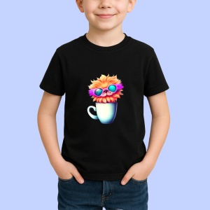 Tricou Pisica cu cana alba si flori colorate in par Copii | Dama | Barbat, culoare negru - Img 4