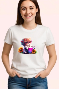 Tricou Pisica cu floare in par si cana violet cu floarea soarelui Copii | Dama | Barbat - Img 3