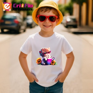 Tricou Pisica cu floare in par si cana violet cu floarea soarelui Copii | Dama | Barbat - Img 10